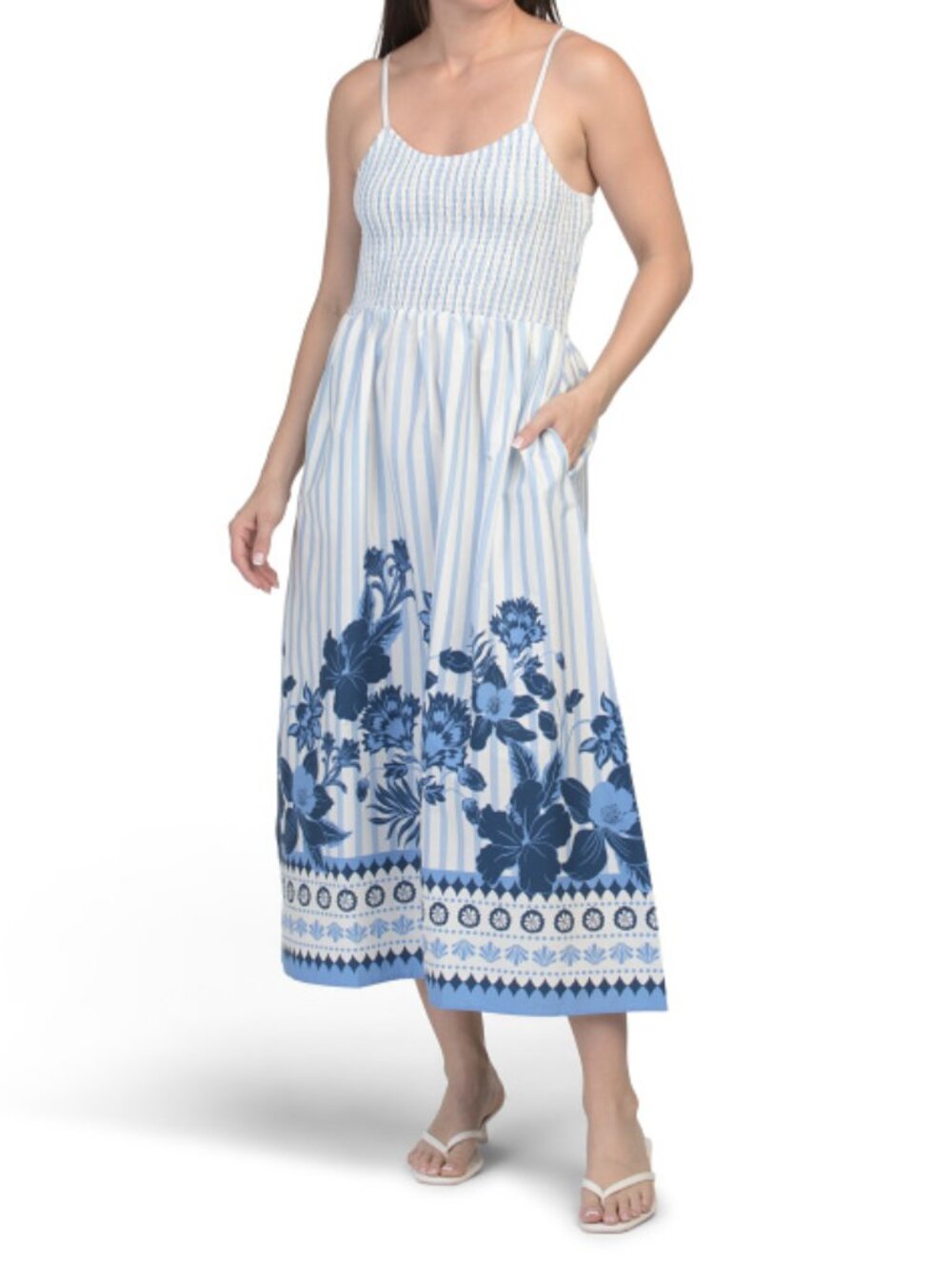 CALYPSO ST. BARTH Navy/Cream Smocked Floral Striped Midi Dress